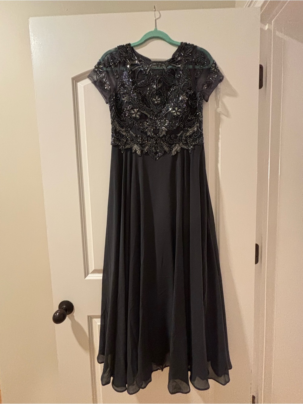 Xscape Navy Beaded Chiffon Maxi Dress